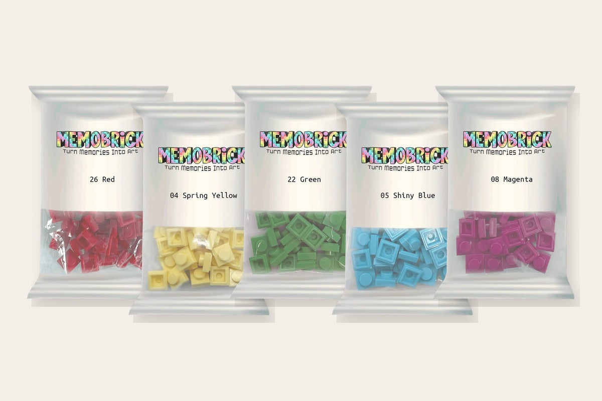 Memobrick bags of 1×1 bricks in red, yellow, green, blue and magenta, each labeled with its color