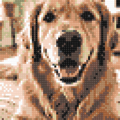 Brick mosaic of a golden retriever made of 1×1 bricks
